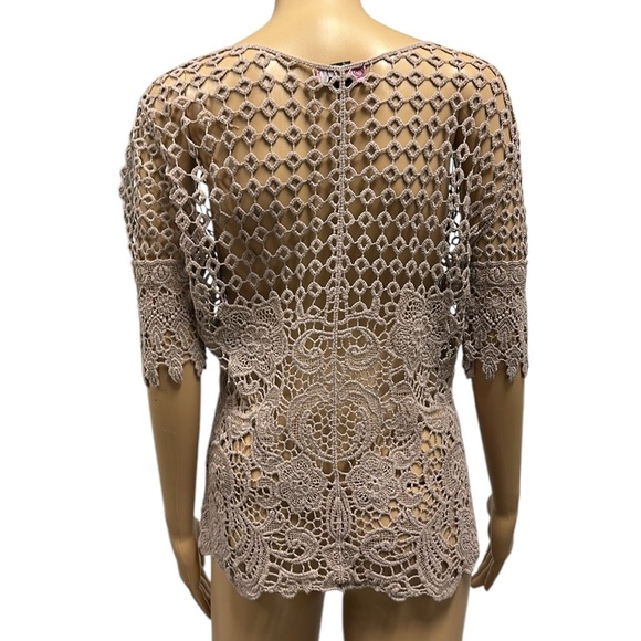 Questions by Say What Tan Crochet Knit Gem Button Down Half Sleeve Top Womens S - Picture 3 of 8